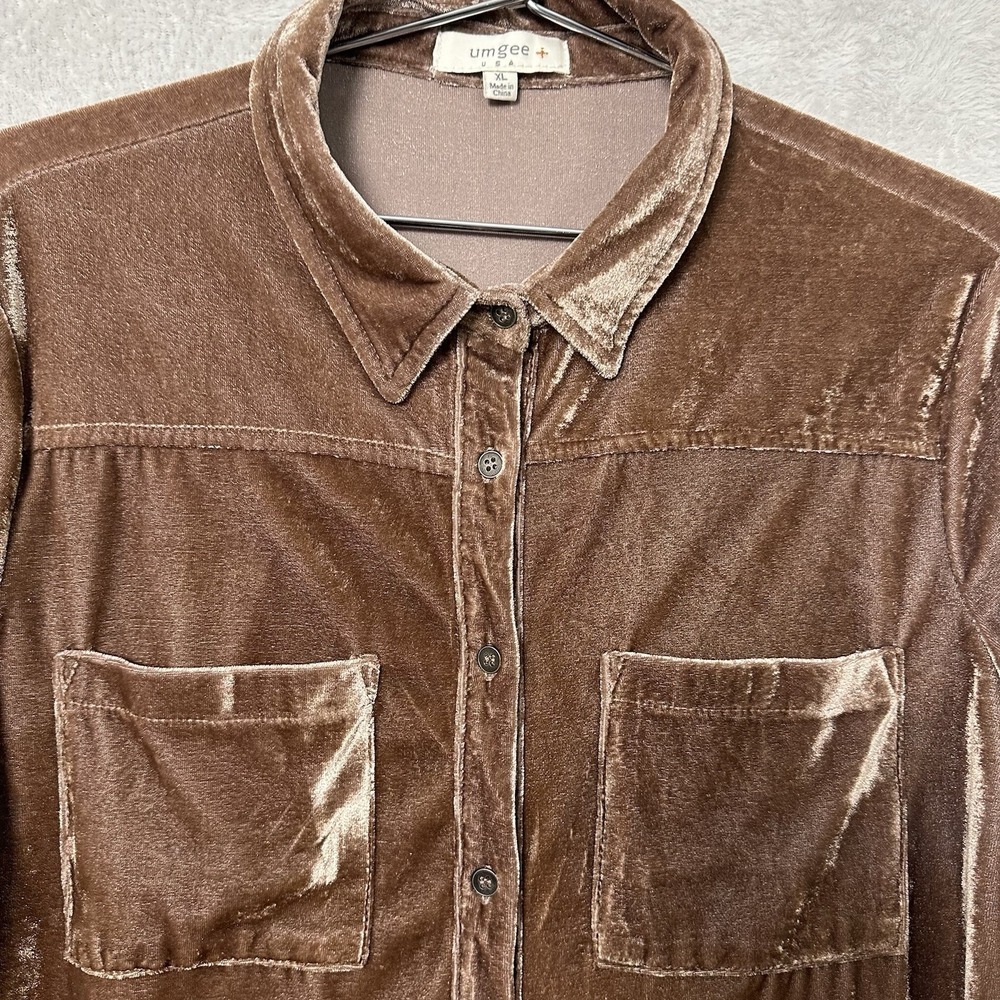 Umgee Crushed Velvet Long Sleeve Button Up Shirt Brown Boho Women's Size XL - Picture 2 of 8